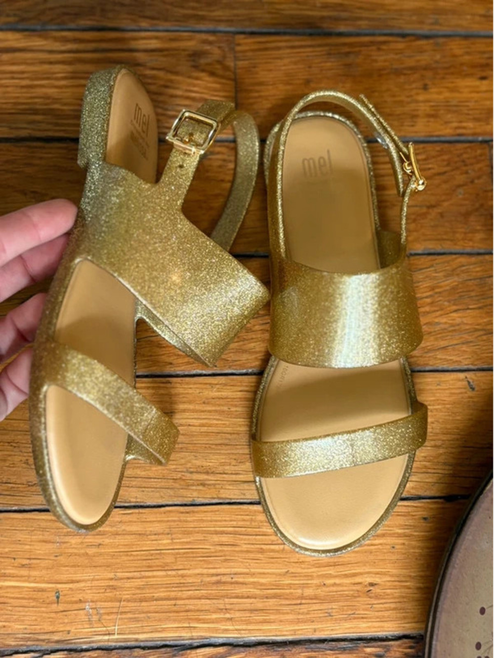 1Y Gold Sparkly Mini Melissas Sandals